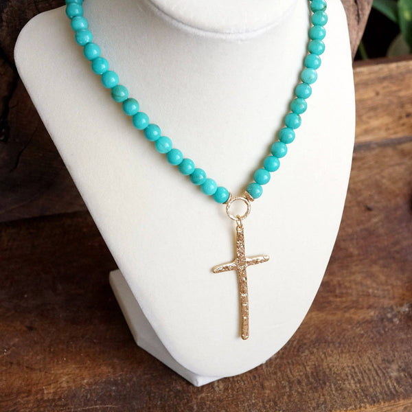 Primitive Cross Necklace Gold Pearl Turquoise Beads: Pearls