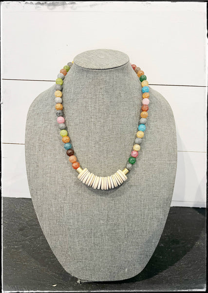Short Gemstone Agate Bead Necklace Coconut Wood Multicolored