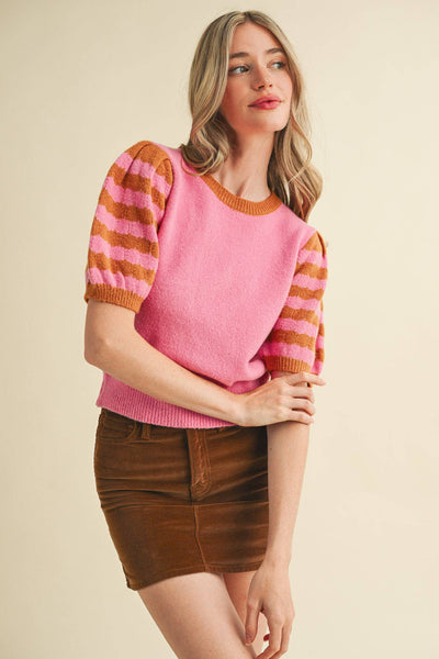 CONTRAST STRIPED PUFF SLEEVE SWEATER MSW10887: Pink