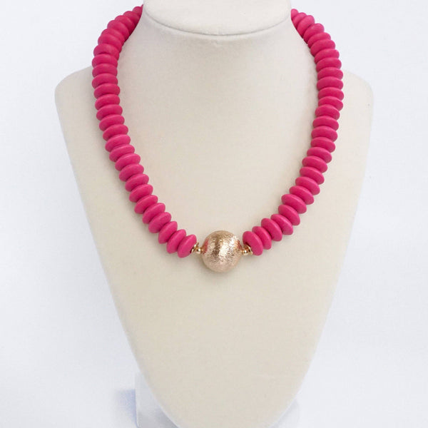 Wood Saucer Beads Short Statement Necklace Gold center Turquoise