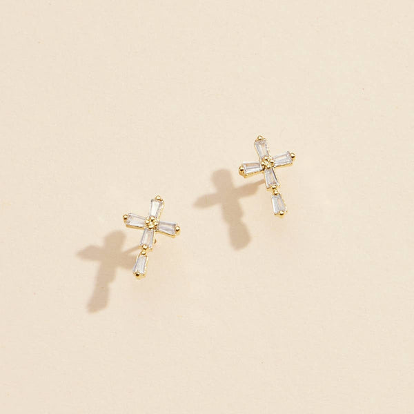 Gold and Silver Cross Stud Earrings with Crystals: White Gold