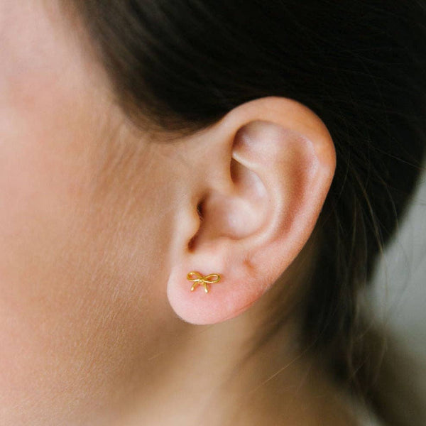 Bow Stud Earrings - Hypoallergenic, Flat Back, Girl Gift : Gold / Pair