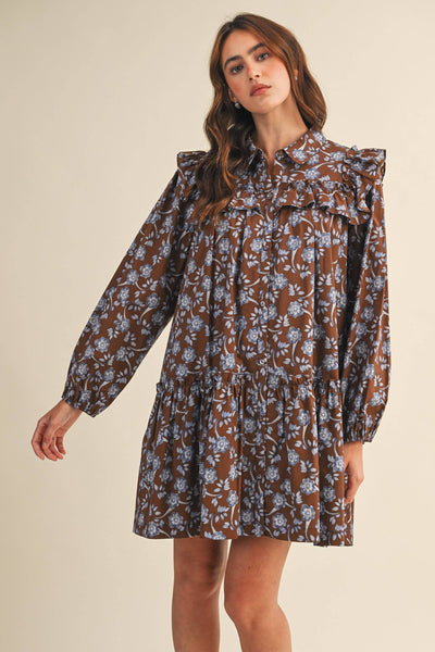 RUFFLE TRIM BUTTON DOWN MINI DRESS Deep Green Floral