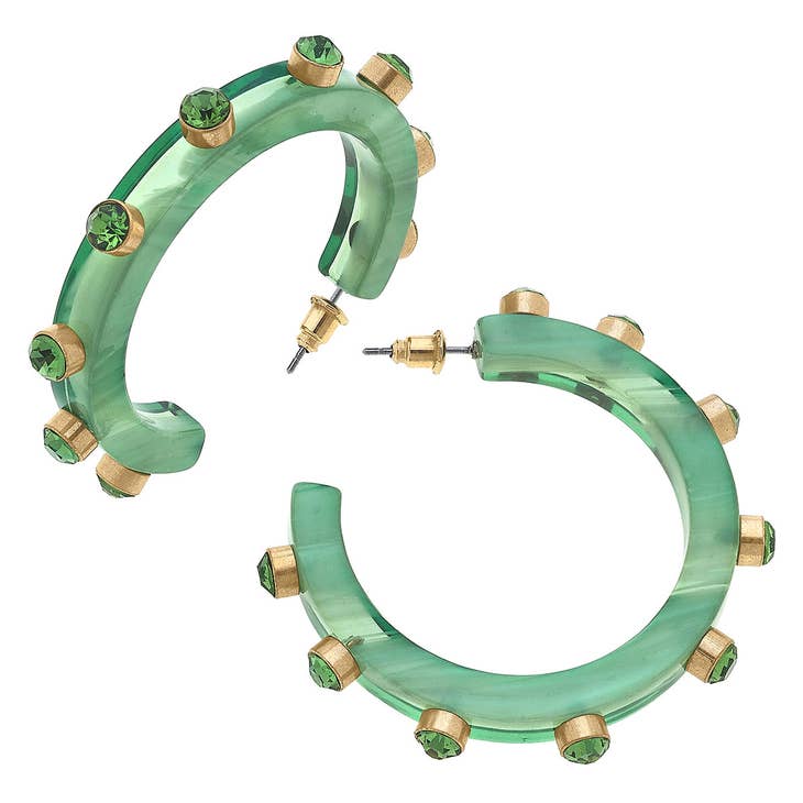 Mint Resin and Rhinestone Hoop Earrings