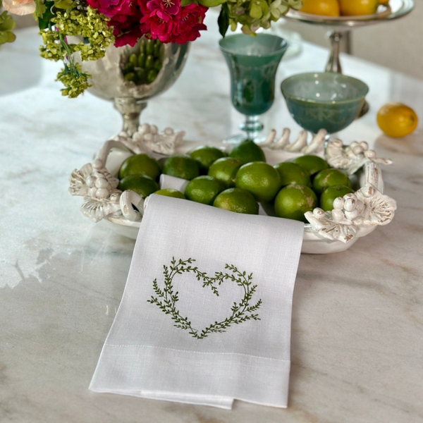 Vineyard Heart Linen Towel: White (Green)
