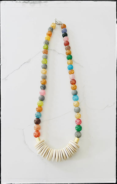 Short Gemstone Agate Bead Necklace Coconut Wood Multicolored