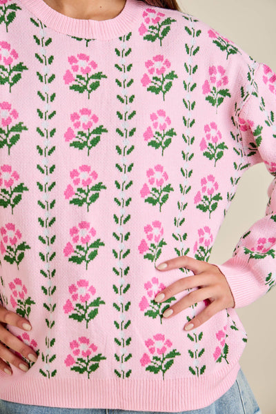 Floral Border Jacquard Sweater Knit: FLORAL PINK
