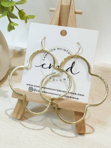 Large Light Brushed Gold Quatrefoil Earrings on Gold Hook