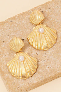 Pearl Stud Double Clam Shell Dangle Earrings: