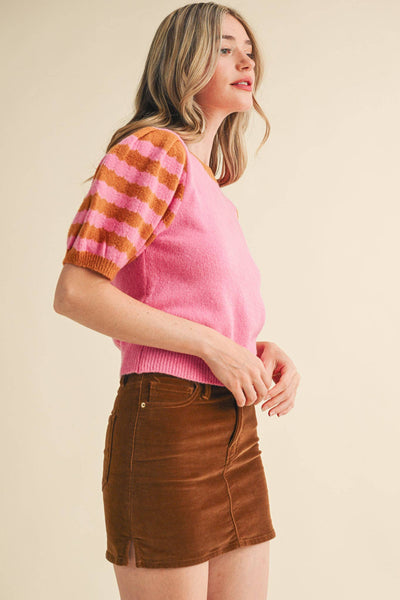 CONTRAST STRIPED PUFF SLEEVE SWEATER MSW10887: Pink