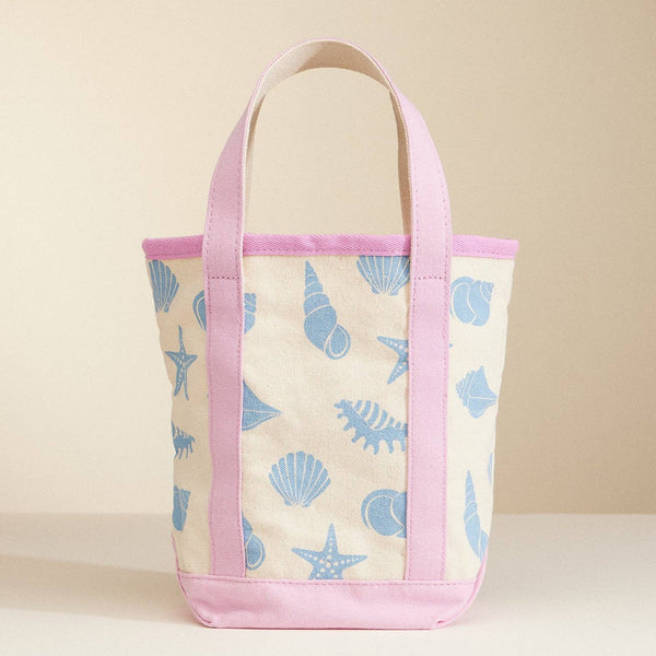 Canvas Tote Bag with Seashell Print: Light Blue