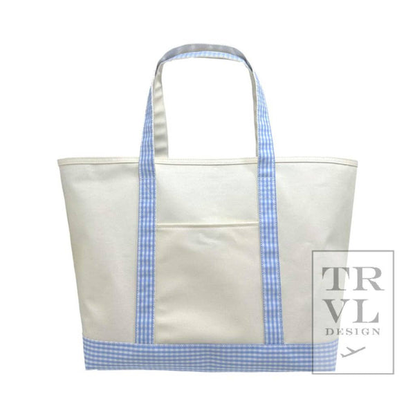 TRVL Maxi Tote - Coated Canvas Large Natural With Gingham Sky