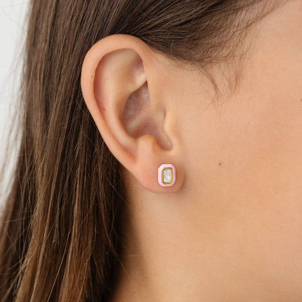 Emerald Enamel Gemstone Stud - Hypoallergenic, Flat Back: Pink / Pair
