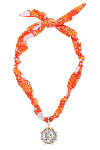 Coin Scarf Necklace in Orange & White