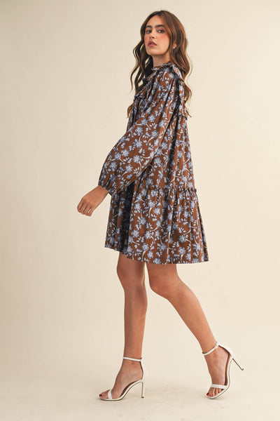 RUFFLE TRIM BUTTON DOWN MINI DRESS Deep Green Floral