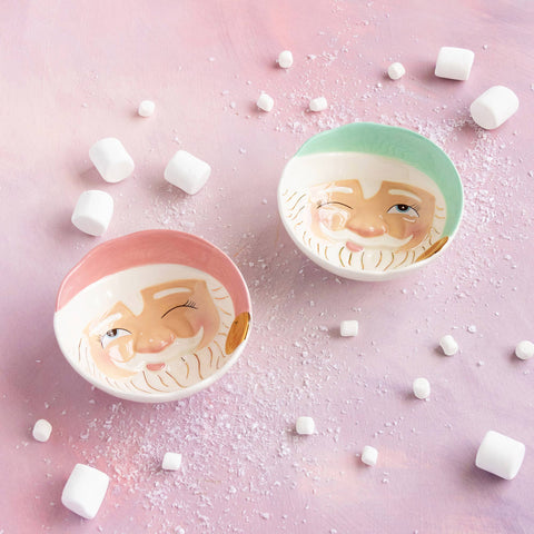 Glitterville Papa Noel Bowl, Mint/Pink, Ceramic, 6"