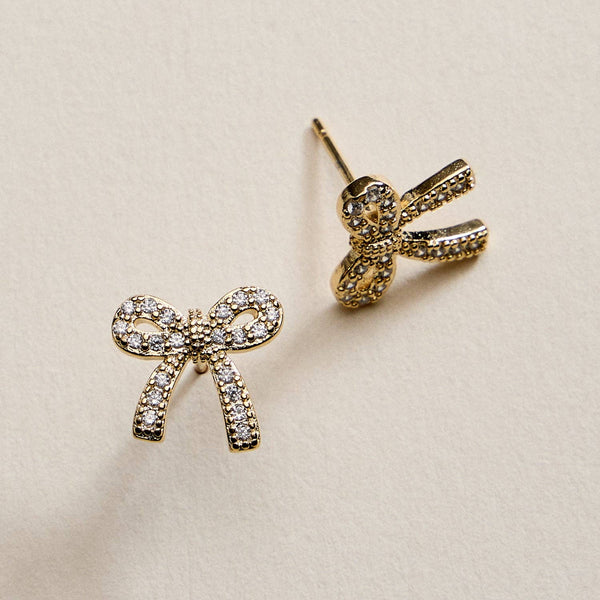 Gold Filled Crystal Bow Stud Earrings: GD / ONE