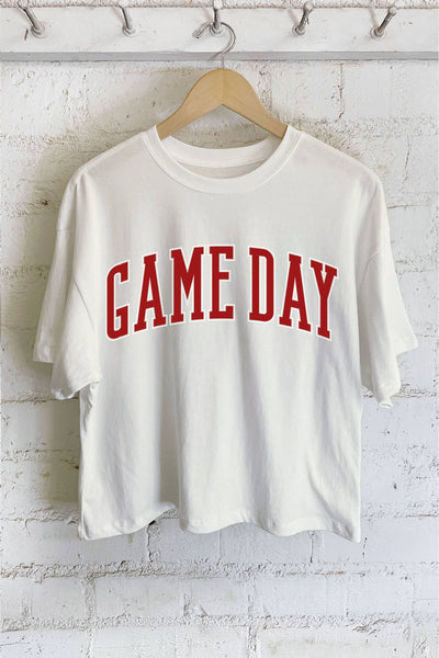 GAME DAY PUFF GRAPHIC LONG CROP TOP: NATURAL