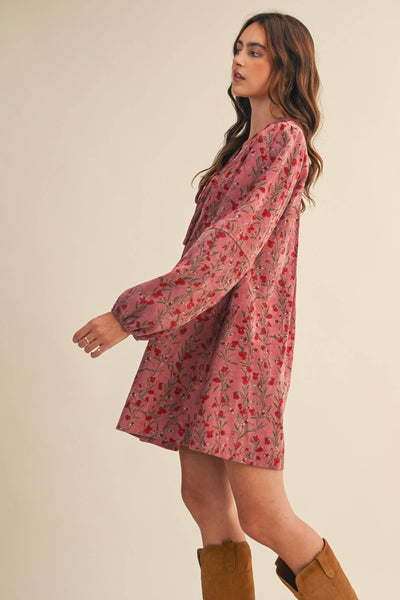 FLORAL CORDUROY MINI DRESS MDR4409: Orchid Multi Floral