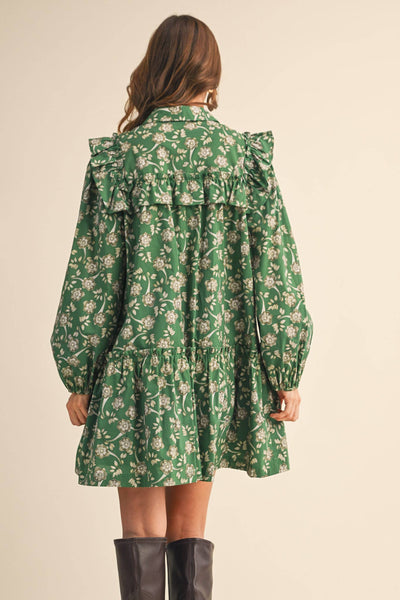 RUFFLE TRIM BUTTON DOWN MINI DRESS Deep Green Floral