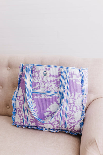 Lilac Blossoms | Large Quilted Ruffle Tote Bag