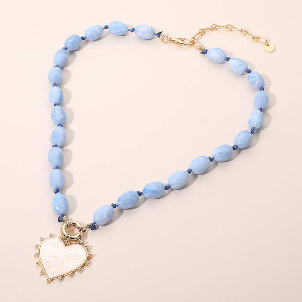 Mother of Pearl Heart Pendant Marbled Resin Oval Beaded Necklace