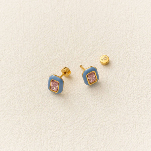 Emerald Enamel Gemstone Stud - Hypoallergenic, Flat Back: Pink / Pair