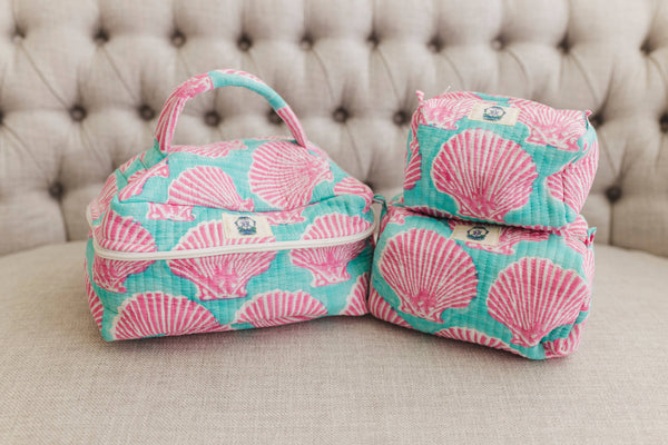 Sanibel Pink Shell Quilted Cosmetic Bags-set of 3