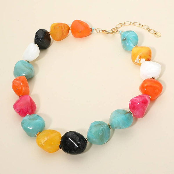 Chunky Marbled Resin Pebble Beaded Statement Necklace: Neutral