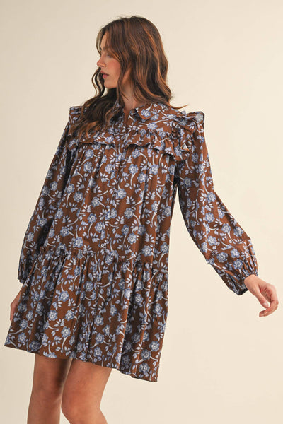 RUFFLE TRIM BUTTON DOWN MINI DRESS Deep Green Floral
