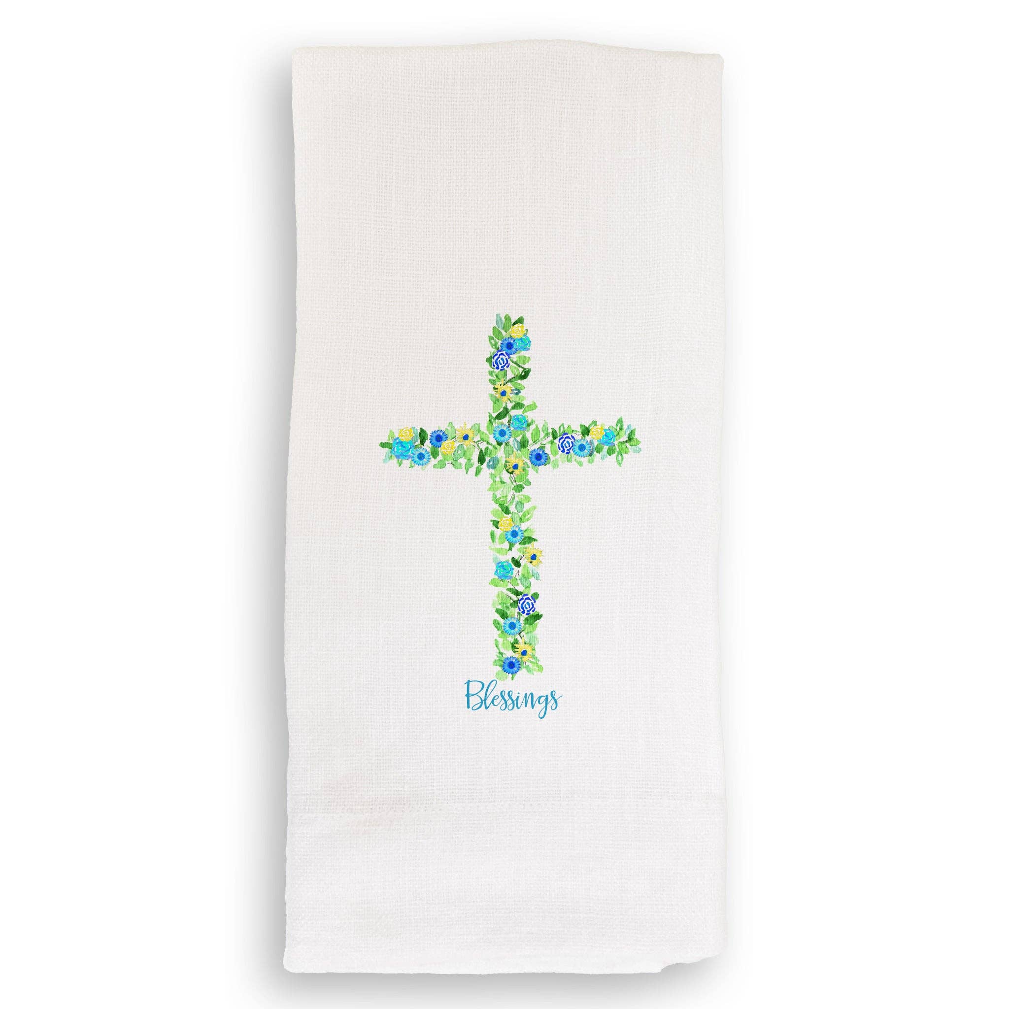 Blue Cross with Flowers and Quote: White Guest Towel / -