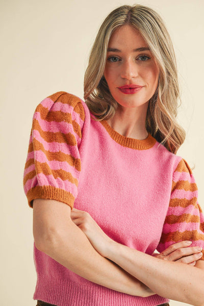 CONTRAST STRIPED PUFF SLEEVE SWEATER MSW10887: Pink