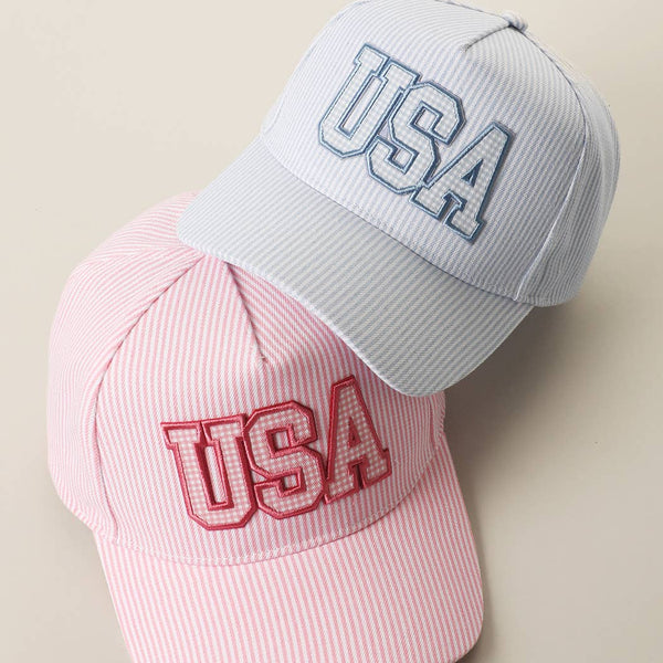 USA Embroidered Patch Gingham Stripe Trucker Hat: PINK / One Size