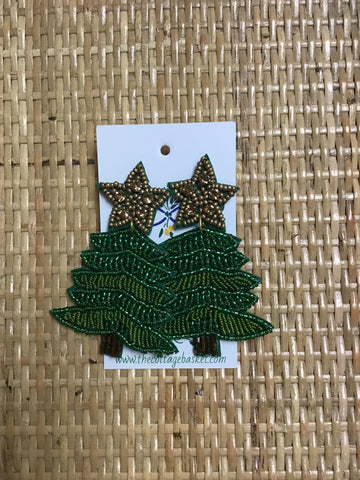 Green Beaded Christmas Tree with Gold Bow Earrings