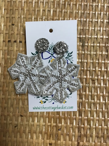 White and Silver Beaded Snowflake Earrings