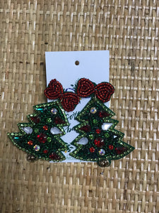 Rhinestone and Bead Christmas Tree with Red Bow Earrings