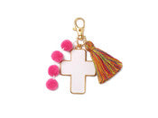 Ivory Enamel Cross Mini Hot Pink Pom Strand Small Multi Rainbow Tassel Keychain Jane Marie