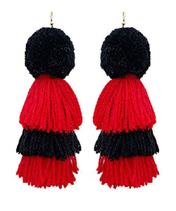 Red and Black PomPom Earrings