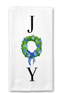 “Joy” wreath tea towel
