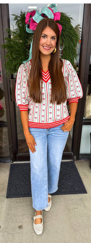 Bow puffy sleeve white sweater