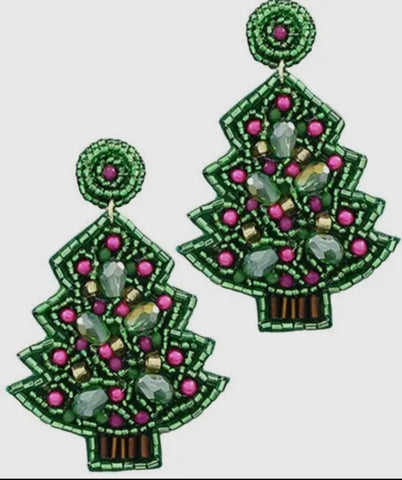 Pink/green beaded Christmas tree earrings