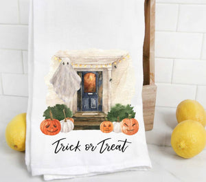 Trick or treat tea towel with house