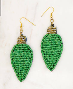 Green beaded light bulb earrings