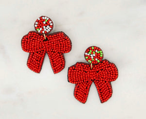 Red beaded smaller bow earrings