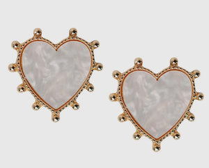 Gold large pearl center heart earrings
