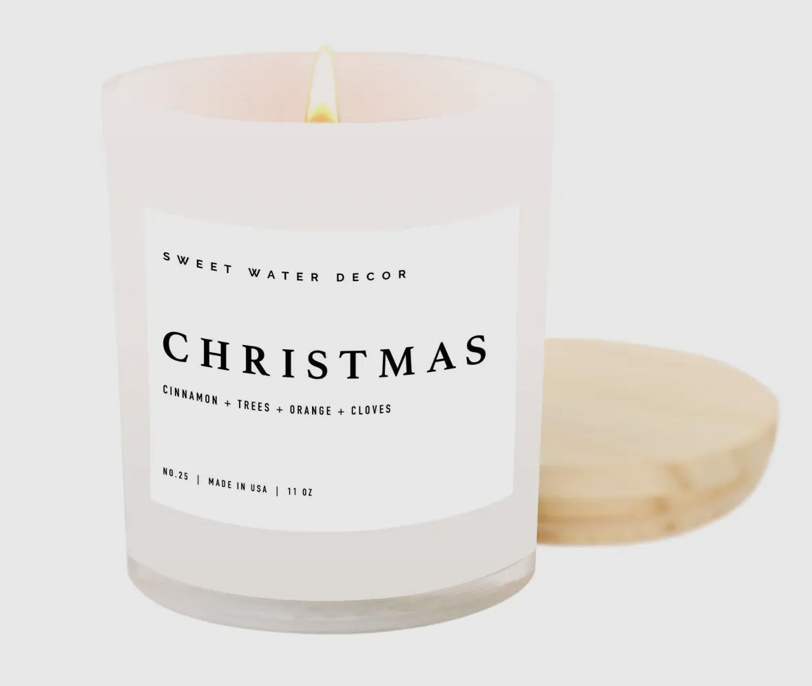 Christmas Candle in White Jar with Wood Lid