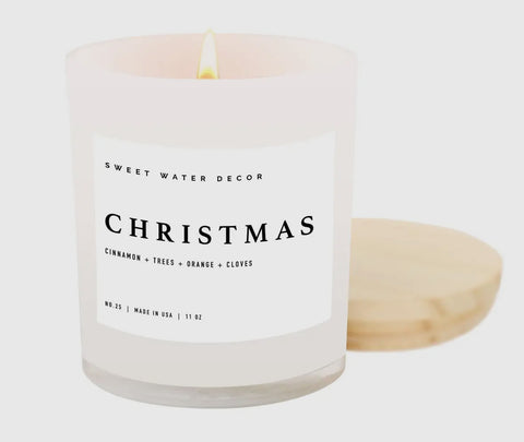 Christmas Candle in White Jar with Wood Lid