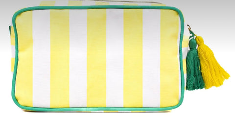 Yellow and white striped cosmetic bag