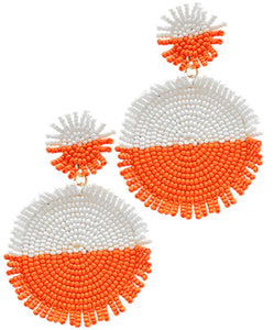 Orange and white beaded round earrings