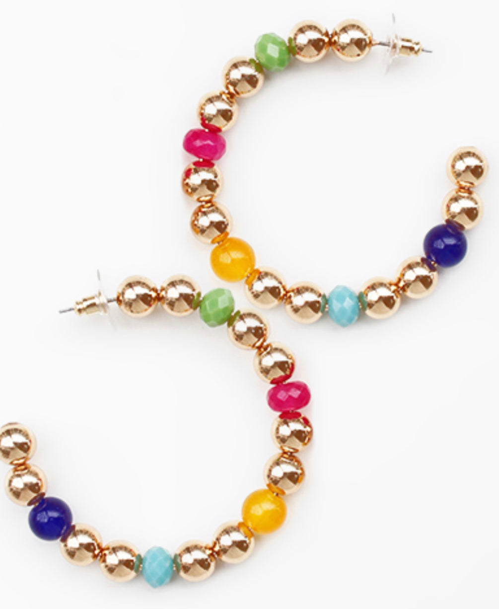 Multi color beaded gold hoops